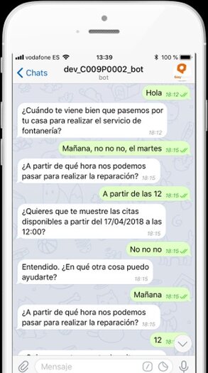 Demo de BeOneBot gestionando una cita de fontanería por chat