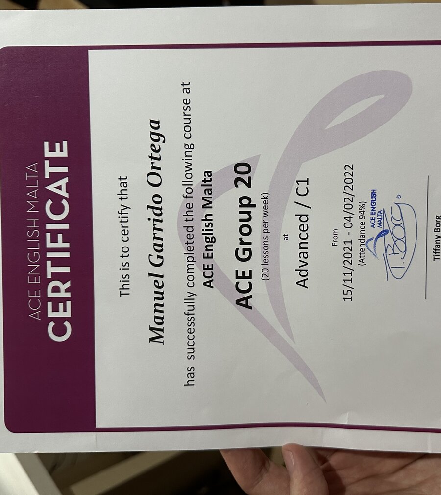 Certificado de ACE English Malta, nivel Advanced/C1, a nombre de Manuel Garrido Ortega